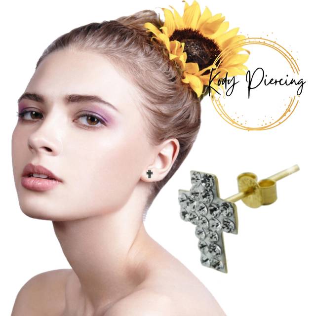 KODY PIERCING 9K Gold Piercing Multi Jeweled Cross Ear Stud - Quality Piercing