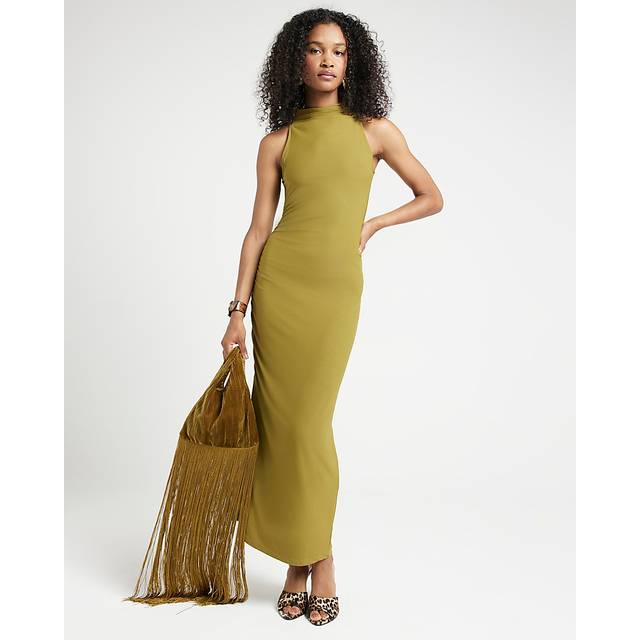 River island womens bodycon midi dress green ruched high neck sleeveless