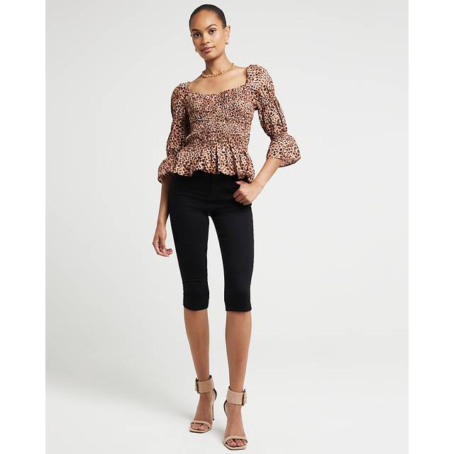 River Island – Leopardmönstrad, smockad topp-Brun