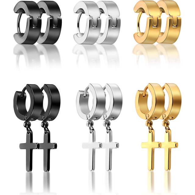 6 Pairs of Cross Earrings Dangle Hinged Stainless Steel Hoop and Stud for Men Women Wearing (Style Set 1)