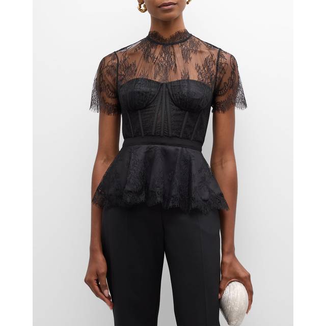 Kehlani Sheer Lace Short-Sleeve Peplum Bustier Top - BLACK - 4