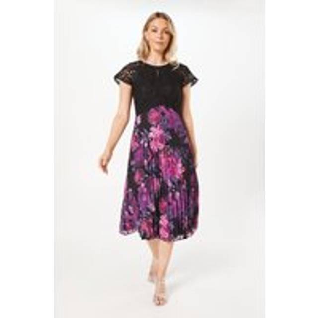 Wallis womens midi dress black floral print pearl trim pleated skirt elegant
