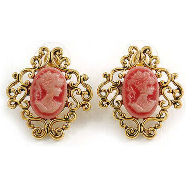 Vintage inspired acrylic cameo motif stud earrings in gold tone metal - 25mm