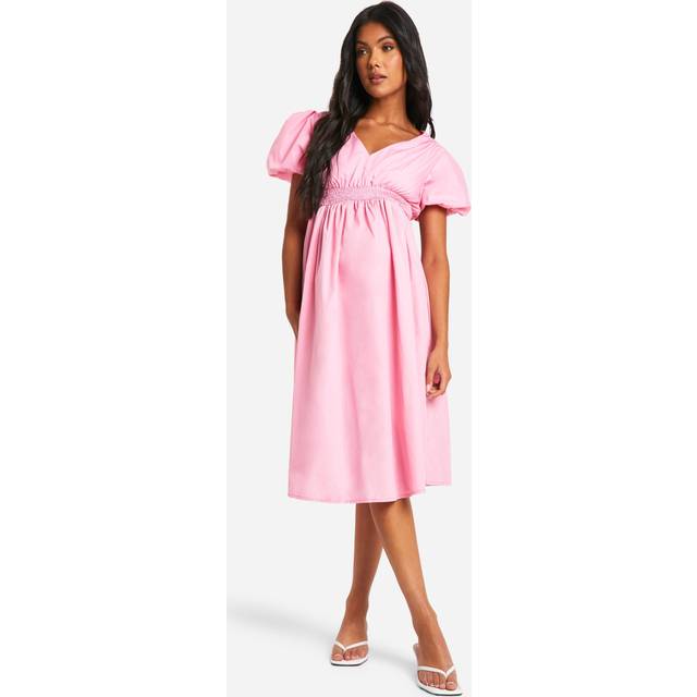 Womens Maternity Puff Sleeve Midi Smock Dress - Pink - 16, Pink