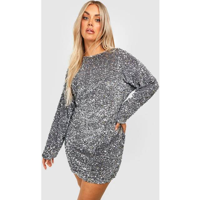 Womens Plus Sequin Batwing Shift Dress - Grey - 18, Grey