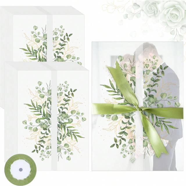 SHEIN 50pcs/Set Printed Eucalyptus Wedding Invitation Card Set, With Silk Ribbon, 18*13CM, Suitable For Wedding, Party, Gift Display, Birthday Gift Packagin