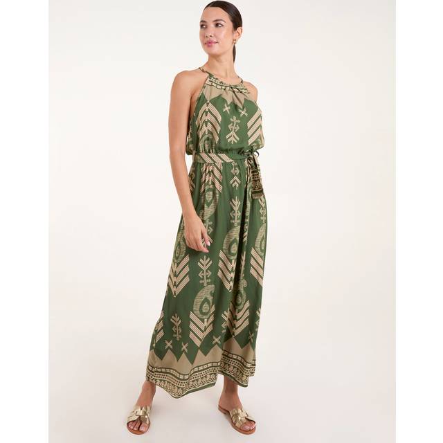 Abstract Halter Neck Belted Maxi Dress - Khaki - Large - Blue Vanilla
