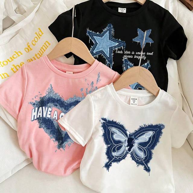 SHEIN Summer T-Shirts, Funny T-Shirts, Girls&#39; Tops, Young Girl Casual Simple Star, Heart Alphabet, Butterfly Pattern Multi-Pack White/Black/Pink Short Sleev