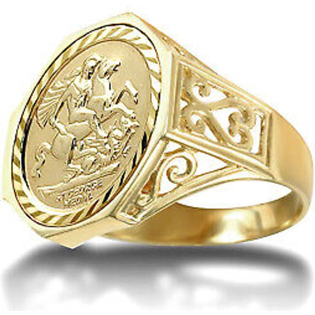(O) Jewelco London Men's Solid 9ct Gold Octagon Scroll St George & Dragon Medallion Ring (Half Sov Size) - JRN179-H-SG