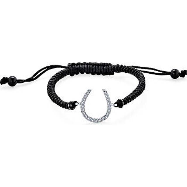 Lucky Horseshoe Equestrian Black Cord Bracelet Graduation Gift for Women Cubic Zirconia CZ Pave Sterling Silver [Bling Jewelry] .925 black