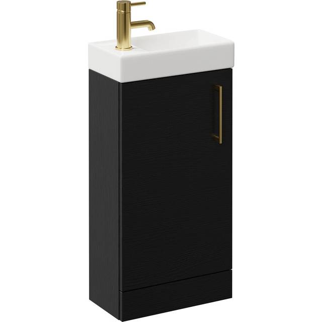 Napoli Compact Floor Standing Vanity Unit with 1 Tap Hole Basin and Single Door with Brushed Brass Handle | Nero Oak | MDF | 400mm
