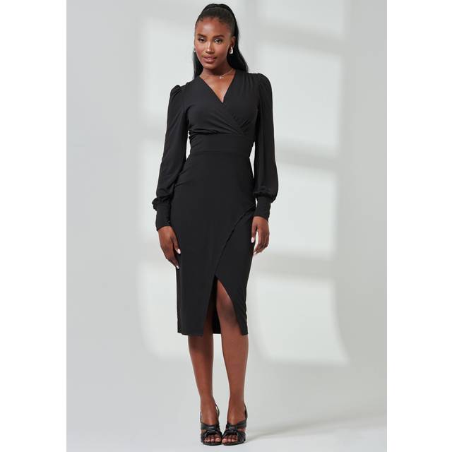 Jersey Wrap Slit Pencil Dress - Black - 8