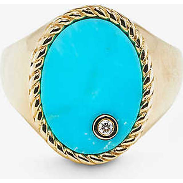 Yvonne Leon Womens 9k Yg Turquoise Chevali&#232;re 9ct Yellow-gold, 0.015ct Diamond and 1ct Signet Ring 52mm