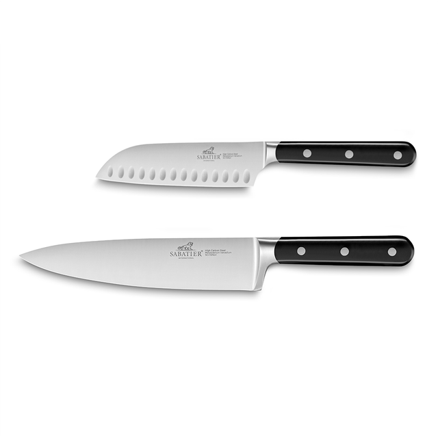 Lion Sabatier® Egide 2 Piece Knife Set - 13cm Santoku &amp; 20cm Cooks Knife (Black Handle with Stainless Steel Rivets)