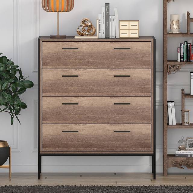Esteban 4 Drawer Chest Of Drawers. 83cm Wide. Industrial Style. Black Metal Frame. - Brown (100cm H X 83cm W X 40cm D)