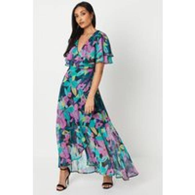 Womens Petite Floral Print Ruffle Sleeve Wrap Maxi Dress - Purple - 8
