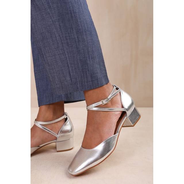 Where's That From Silver Peru Low Ankle Strap Block Heels - uk7