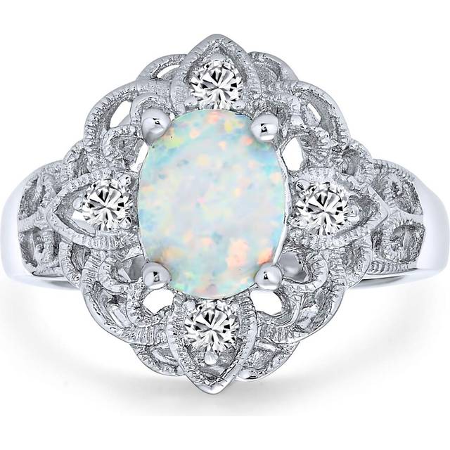 Vintage Style Cubic Zirconia Ornate Filigree Oval Flower White Created Opal Boho Full Finger Ring Sterling Silver .925