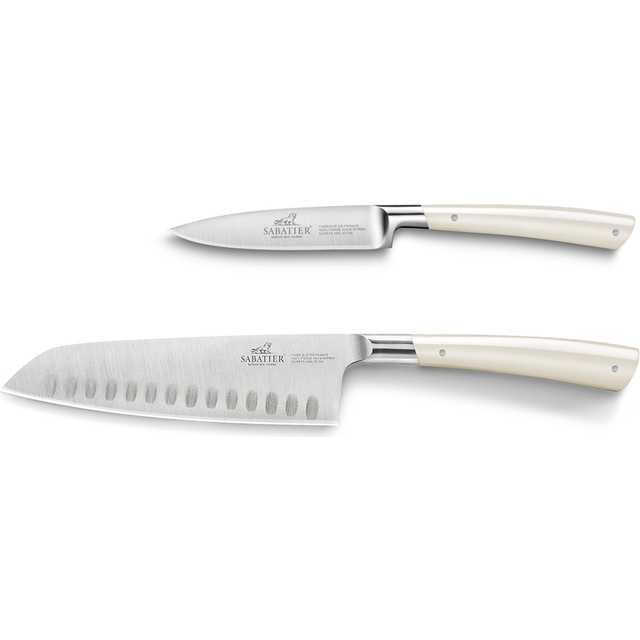 Lion Sabatier® Edonist Perle 2 Piece Knife Set - 10cm Paring Knife &amp; 18cm Santoku (Pearl Handle with Stainless Steel Rivets)