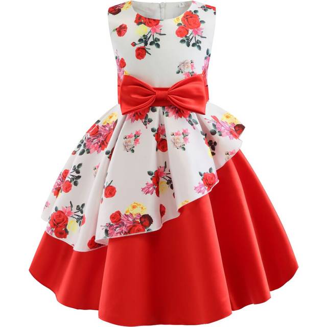 (Red, 3-4Years) Kids Girls flower Bow princess Print dress UK STOCK