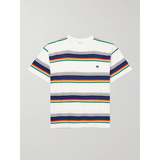 CELINE HOMME - Logo-Embroidered Striped Cotton-Jersey T-Shirt - Men - White - XXL
