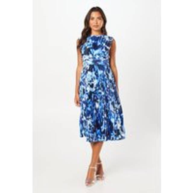 Printed Pleated Satin Midi Wedding Guest Dress - Navy - 8