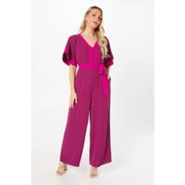 Womens Contrast Kimono Sleeve Belted Jumpsuit - Plum - 10