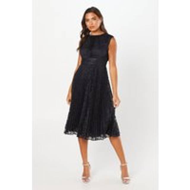 Pleated Lace Midi Wedding Guest Dress - Navy - 10