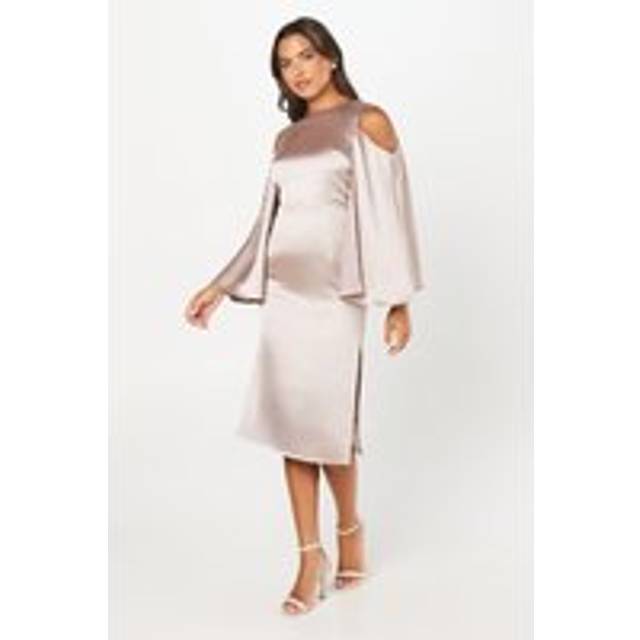 Cape Back Satin Midi Wedding Guest Dress - Mink - Navy - 10