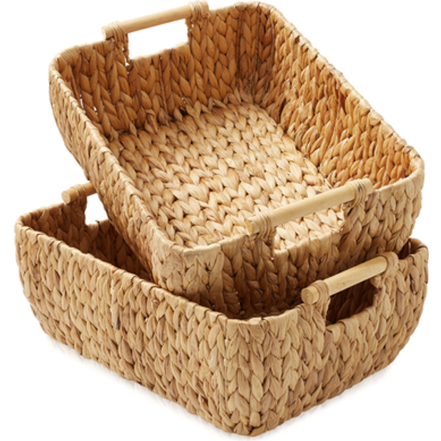 Casafield Set of 2 Water Hyacinth Oval Storage Baskets with Wooden Handles  Large  Woven Bin Organizers