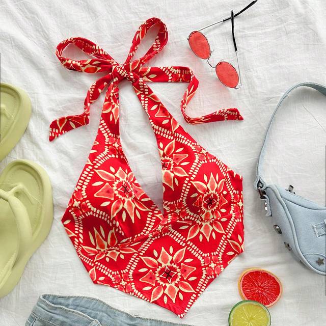 Soleia Women Vacation Orange Retro Print Halter Bowknot Tie Asymmetrical V-Neck Tight Beach Music Festival Summer Bohemian Top