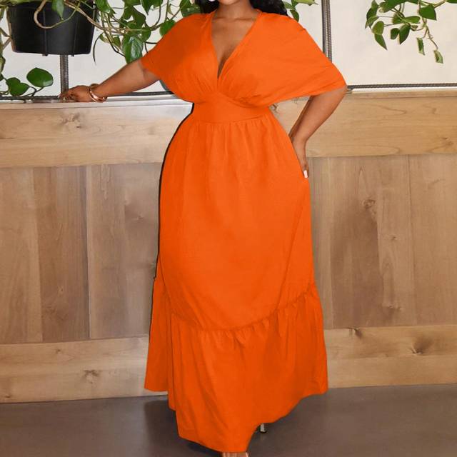 Slaydiva Plus Size Elegant & Sexy Party And Vacation V-Neck Cold Shoulder Waist-Cinched A-Line Hem Dress With Ruffle Hem, Red Summer Dress - S