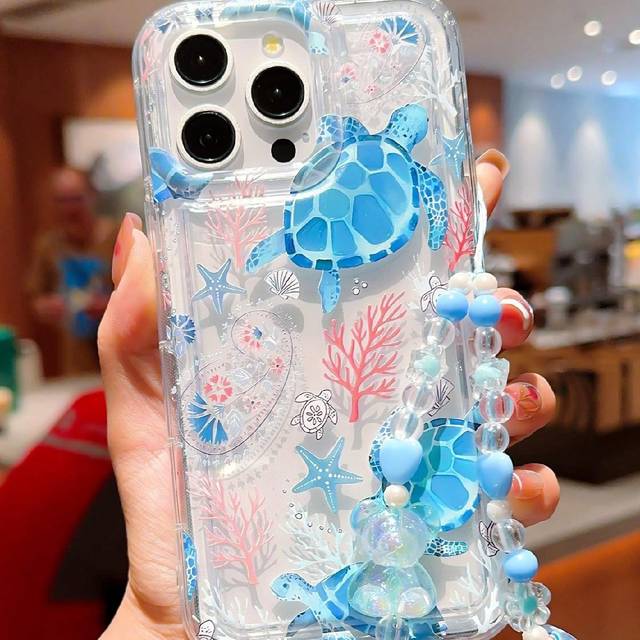 SHEIN Summer Phone Case Compatible With Iphone Beach With Phone Charm 1pc Cute Ocean Turtle Pattern Transparent TPU Airbag Shockproof Phone Case With Blue B