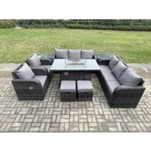 Wicker Rattan Garden Furniture Set Gas Fire Pit Dining Table Indoor Outdoor with 2 Side Tables Chair Loveseat Sofa 2 Small Footstools - Fimous