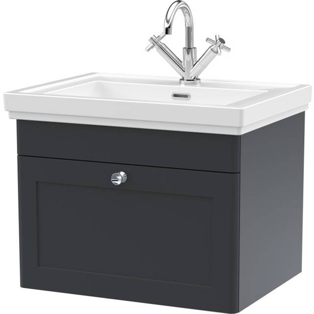 Traditional Wall Hung 1 Drawer Vanity Unit with 1 Tap Hole Fireclay Basin, 600mm - Soft Black
