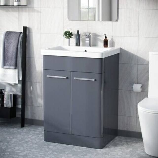 Afern 600mm freestanding vanity unit cabinet and wash basin steel grey