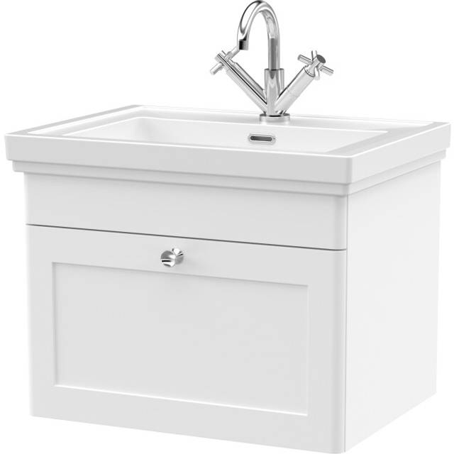 Traditional Wall Hung 1 Drawer Vanity Unit with 1 Tap Hole Fireclay Basin, 600mm - Satin White