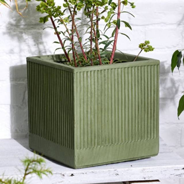 Small Sage Green Ribbed Finish Fibre Clay Indoor Outdoor Garden Plant Pots Houseplant Flower Planter (W) 25cm, (H) 25cm
