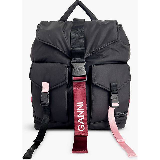 Ganni Womens Black/pink Branded Top-handle Recycled-polyester Backpack - BLACK/PINK
