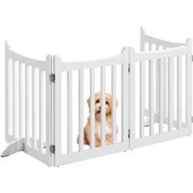 Freestanding Wooden Dog Gate, 4-Panel Pet Puppy Fence with 2 Support Feet, White - Yaheetech