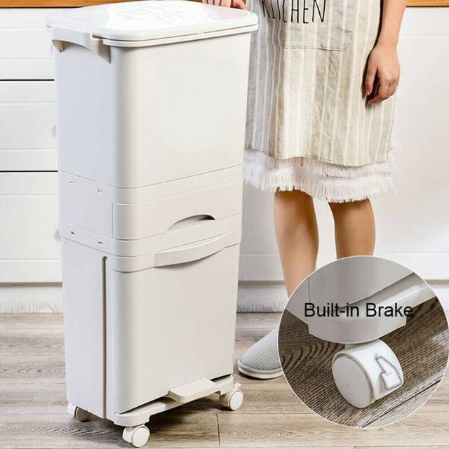 3 Tier Large Rubbish Trash Bin Recycling Pedal Kitchen Waste Can With Wheels 42L