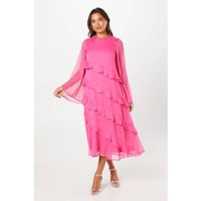 Long Sleeve Ruffle Chiffon Midi Wedding Guest Dress - Pink - 12