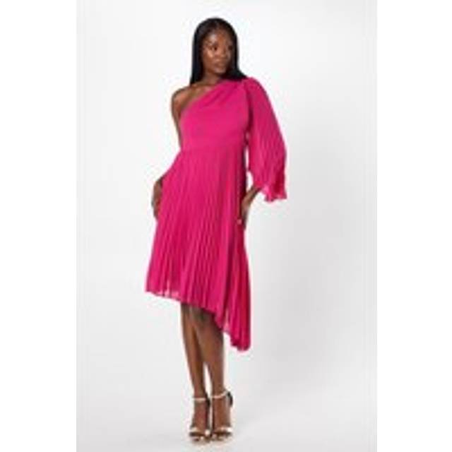 One Shoulder Asymmetric Skirt Pleated Georgette Midi Dress - Pink - 10