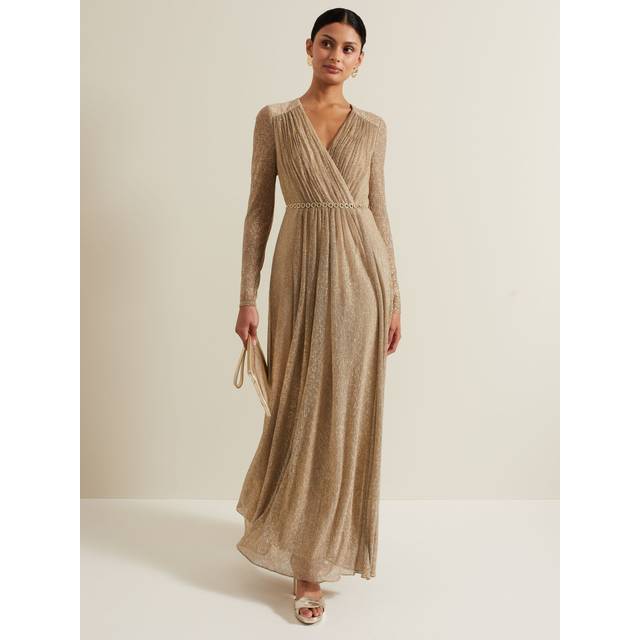 Phase Eight Masie Pleated Maxi Dress, Gold