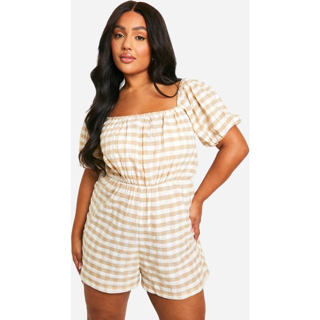 Womens Plus Gingham Puff Sleeve Playsuit - Beige - 28, Beige