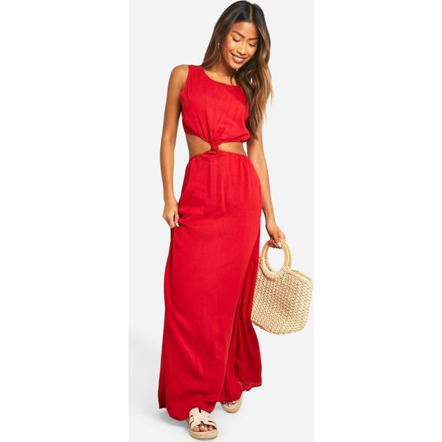 Womens Cheesecloth Knot Front Maxi Dress - Red - 18