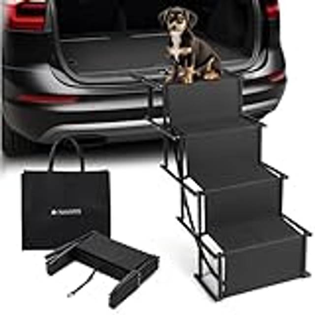 Navaris Vikbar bil-hundtrappa – 4-stegs hundtrappa – stabil hundstege – husdjurstrappa – vikbar hundtrappa – med bärväska – 36 cm bred – svart
