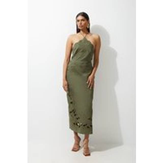 Cotton Quilted Cutwork Beaded Woven Halter Midi Dress - Sage
