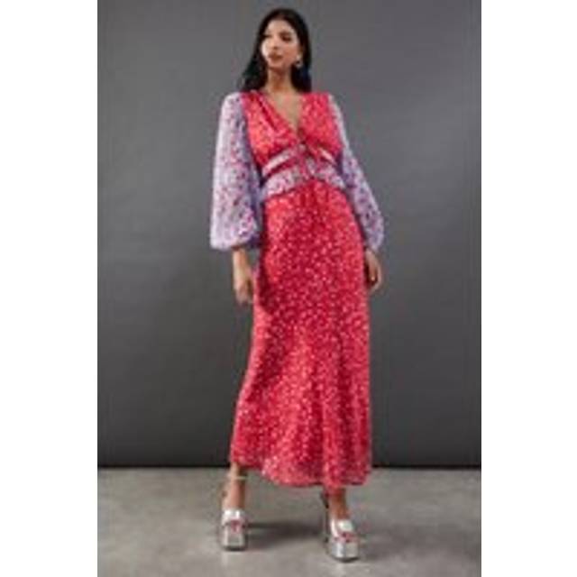 Warehouse Womens Mixed Chiffon Ruffle Midi Tea Dress - Red - Size 10 UK