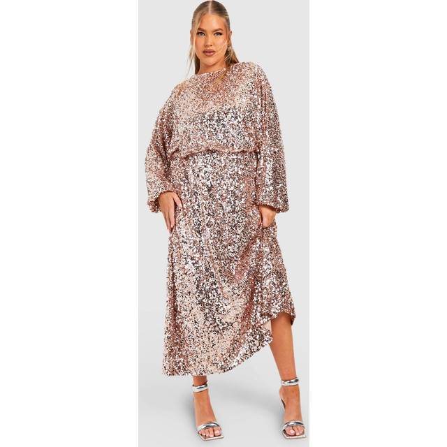 Womens Plus Sequin Volume Sleeve Midaxi Dress - Pink - 18